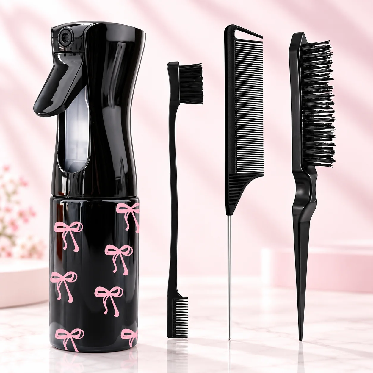 Hair Styling Tool Set Lightweight Continuous Mist Spray Bottle Edge Brush Rat Tail Comb Teasing Brush Salon Hairdressing Kit
