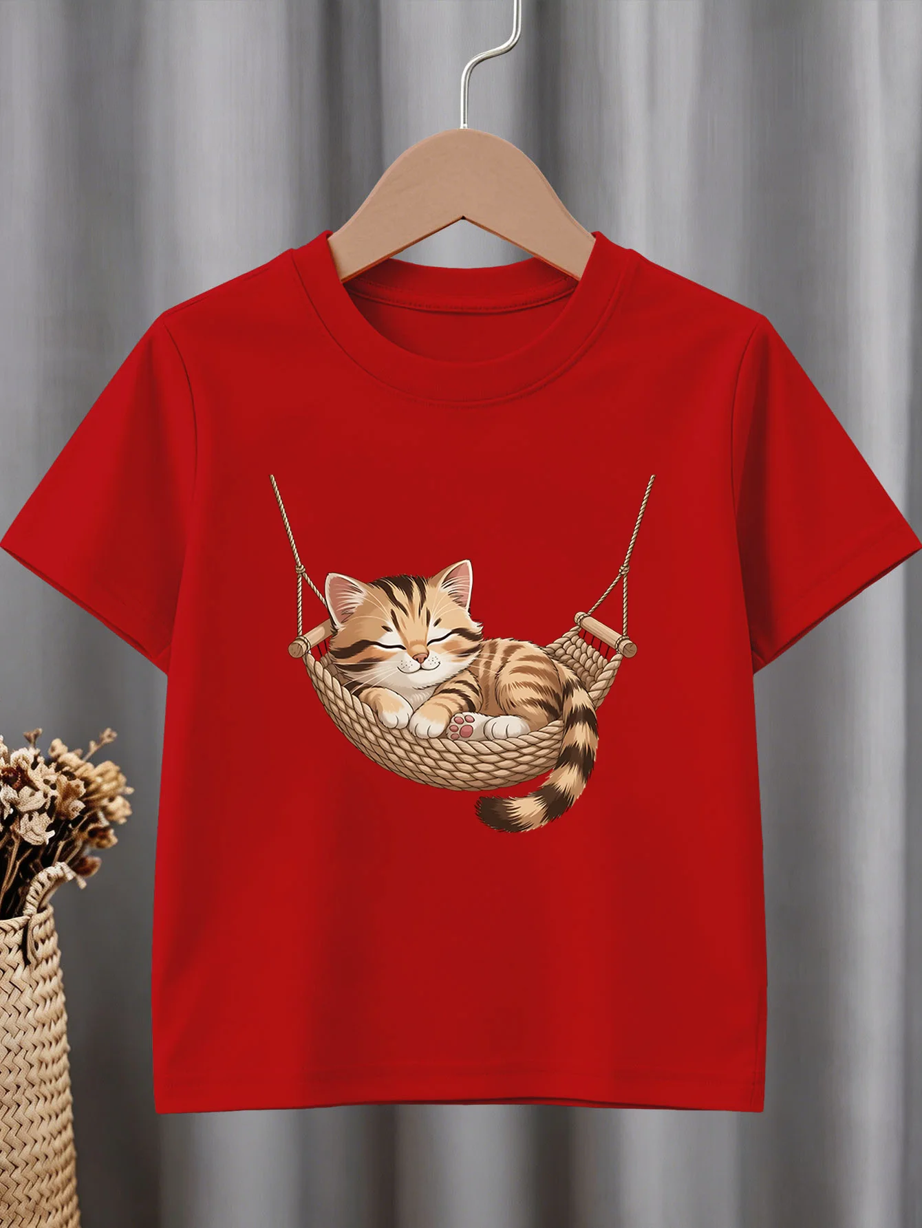 Cute Sleeping Kitten Hammock Print Graphic Kids Tee Boys Girls Family Matching Cotton Crew Neck Short Sleeve Soft Summer Tee