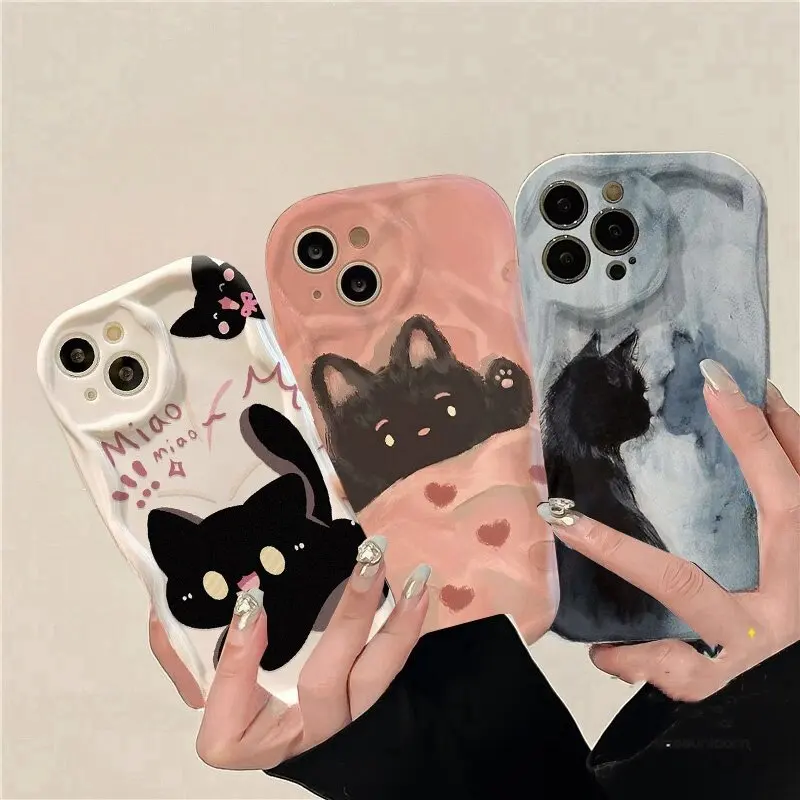 Cute Black Cat Phone Case for OPPO A17 A18 A16 A15 A38 A53 A9 A5 2020 A60 A55 A54 A57 A77 A96 A52 A92 A94 Cream Wavy Edge Cover