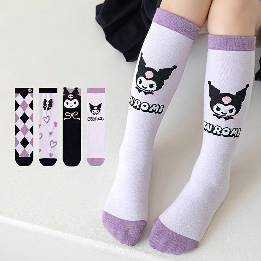 MINISO Kuromi Girls Socks Sanrio Kawaii Little Witch Stockings Purple Combed Women's Exquisite Soft Cotton Mid-tube Socks