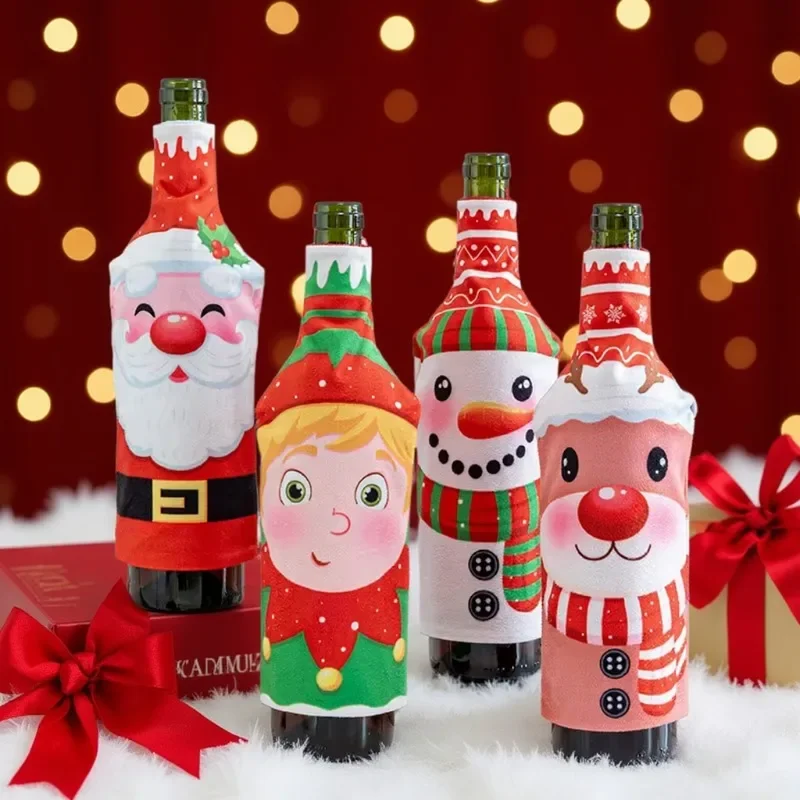 1-10PCS Xmas Wine Bottle Cover Cartoon Santa Claus Snowman Decorative Sleeve for Restaurant Table Dinner Holiday Home Decor
