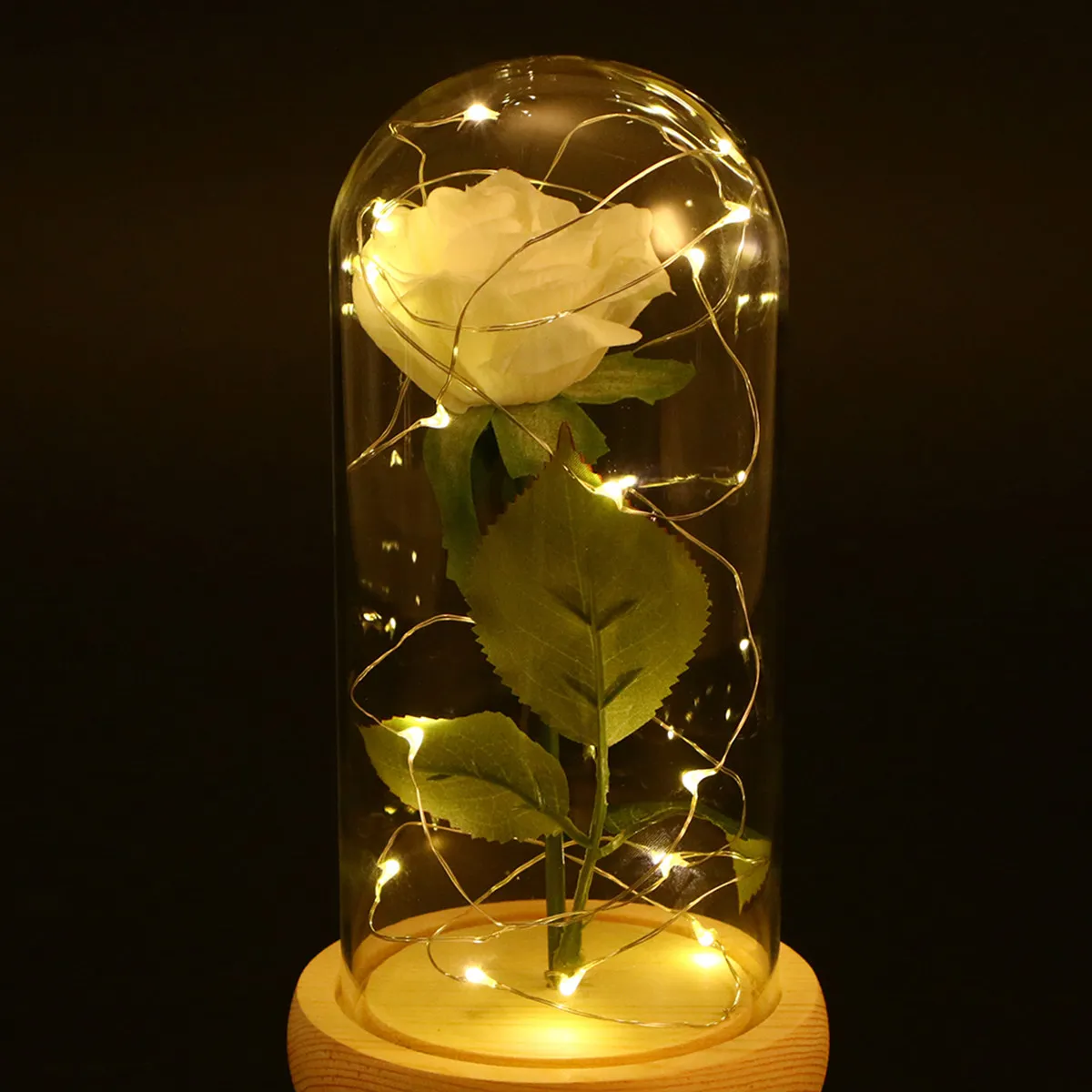 シングルホワイトシルクローズledランプ、ガラスドーム木製ベース、温白色ライト、家庭用ウェディングパーティーデコレーションテーブルランプ