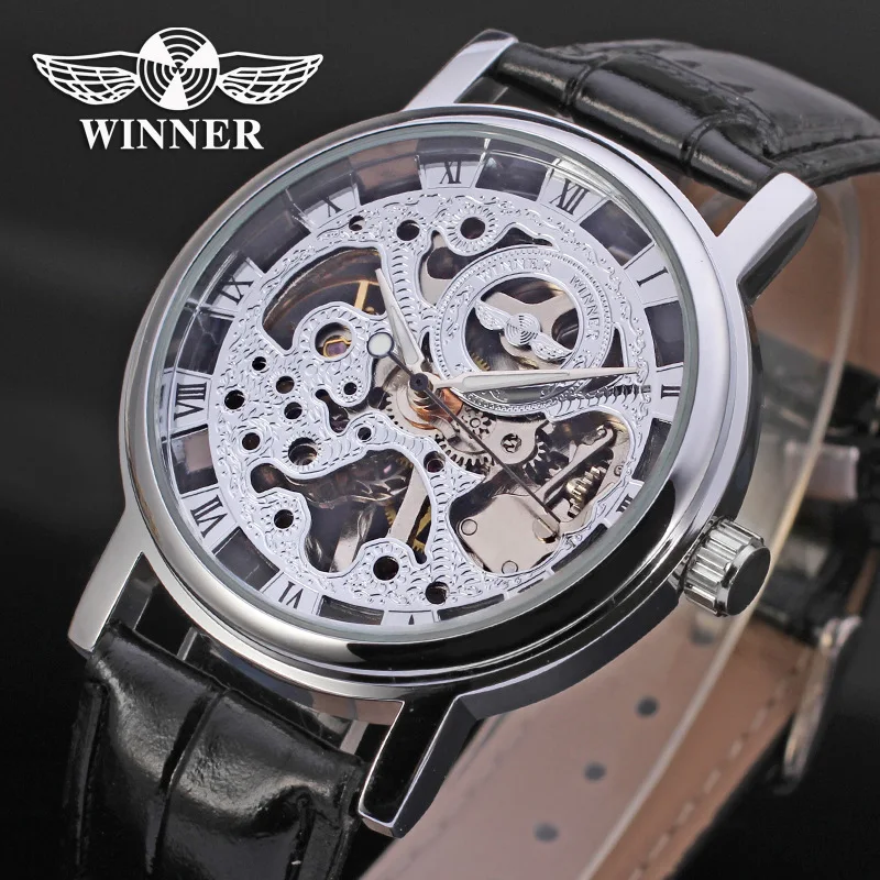 2022 Fashion Winner Top Brand Transparent Luxury Gold Case Casual Design Brown Leather Men Student Watch Mechanical Skeleton