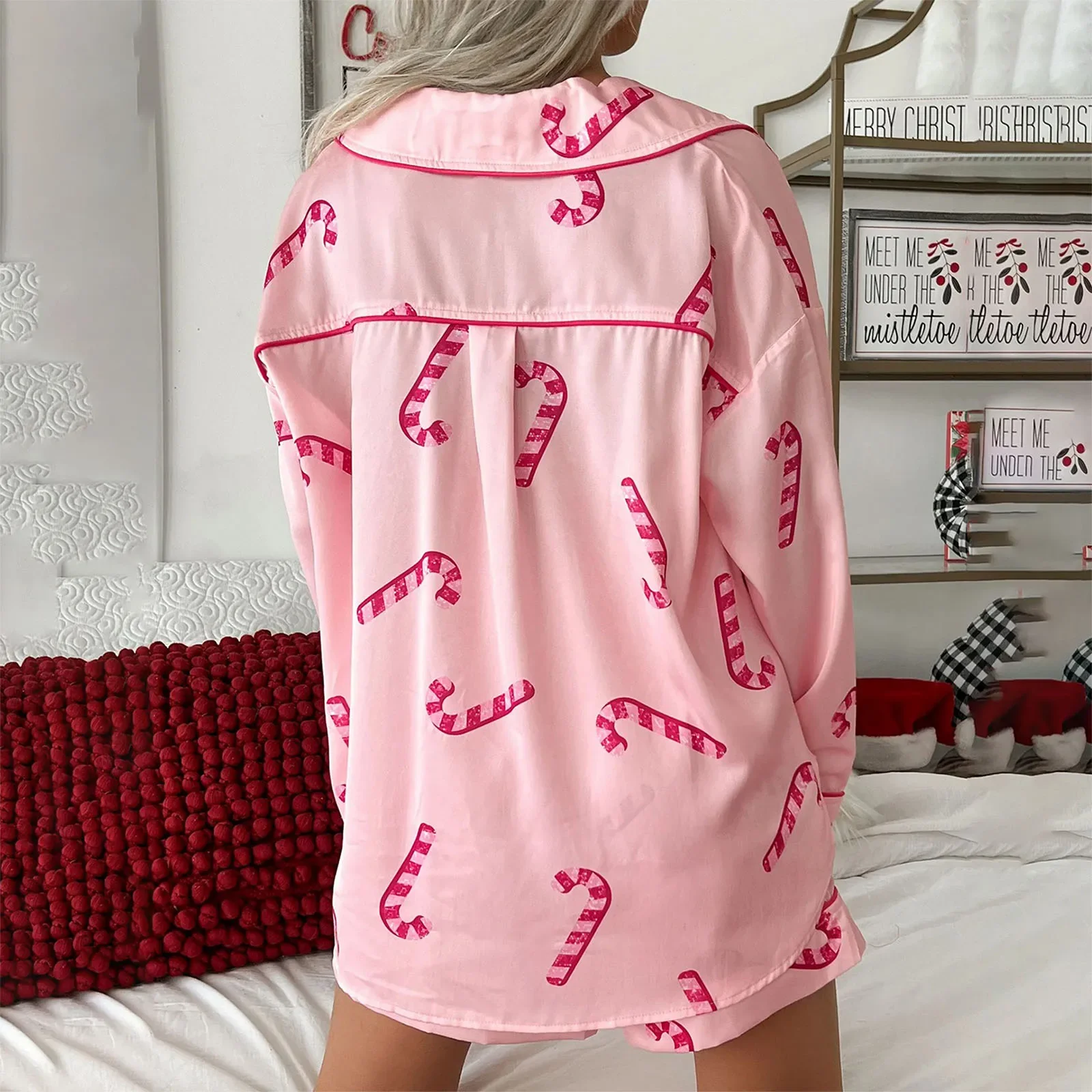 Women\'s 2 Piece Pajama Set Dessert Print Long Sleeves Shirt Elastic Shorts Loungewear Soft Sleepwear Night Wears Pyjamas