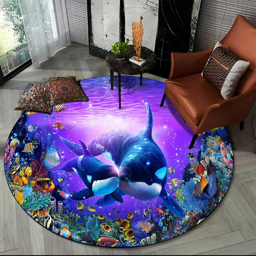 Underwater World Seabed Fish Dolphin Cartoon Round Carpet Rug for Living Room Bedroom Kids Decor,Pet Area Rug Non-slip Floor Mat