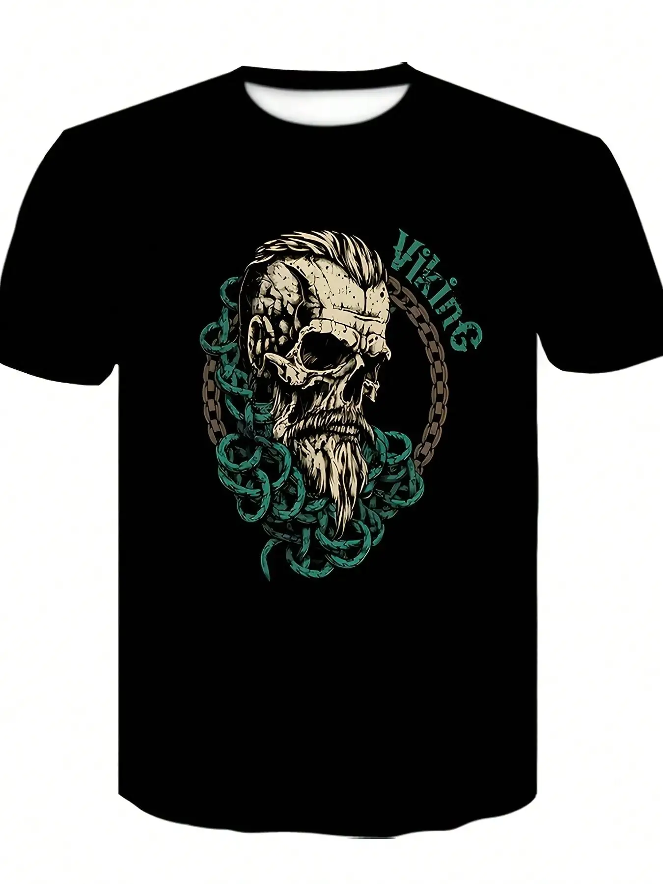 قطعة واحدة من تي شيرت مطبوع عليه جمجمة الفايكنج للرجال، رقبة دائرية كاجوال، قماش بوليستر 100%، تصميم طباعة منظم، S