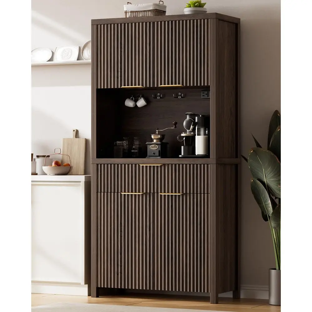 

71 Fluted Pantry Cabinet with Charging Station amp Adjustable Shelves, Spacious Kitchen Storage Cabinet with Open Countertop am
