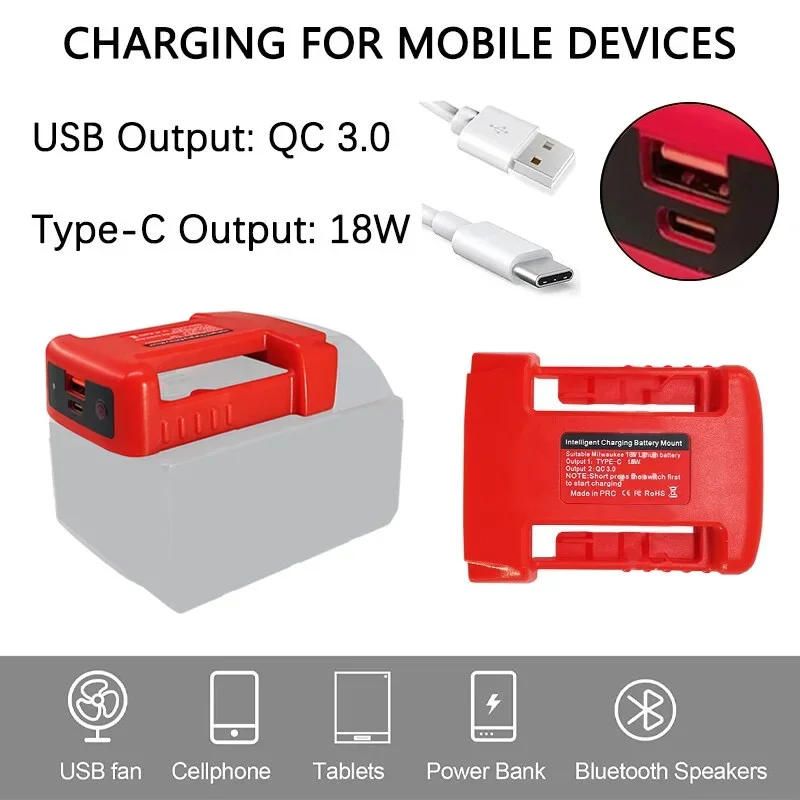 Hebilla de cinturón de soporte de batería con USB con salida tipo C para Milwaukee, estante de batería portátil de iones de litio de 18V, carga