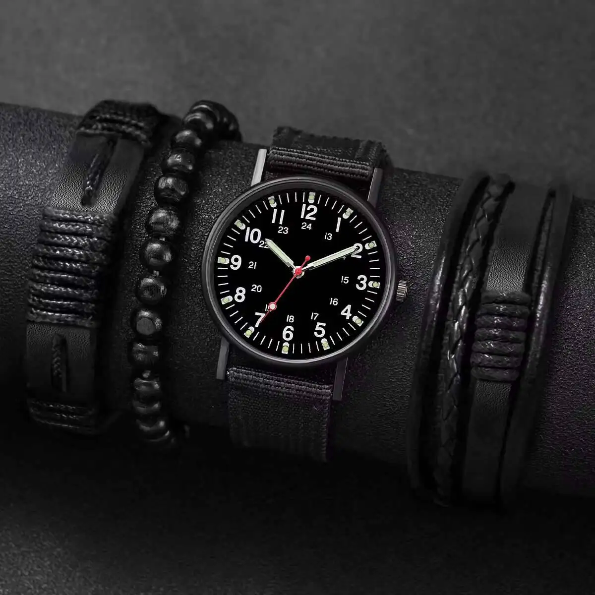 4PCS/Set Fashion Casual Nylon Band Men Watches Male's Analog Quartz Watch Bracelets Set Relogio Masculino Reloj Hombre