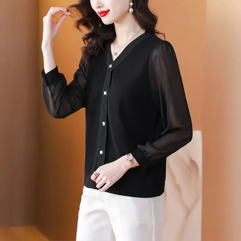 Korean Women Spring Summer Long Sleeve Chiffon Shirt Black V-neck Loose Fashion Casual Versatile Office Lady Elegant Blouse 2023