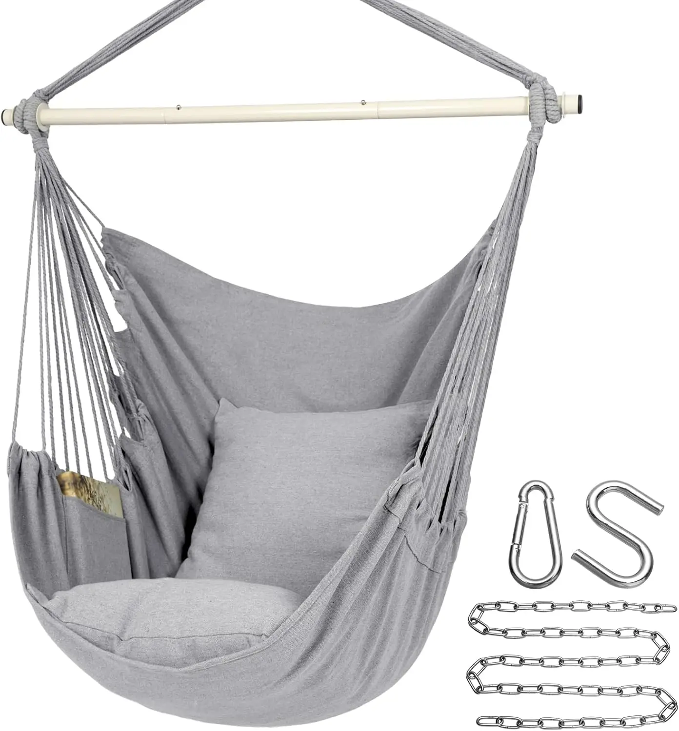 

Hammo Chair Hanging Rope Swing Chair, Max 500 Lbs, 2 Seat Cushions Luded, Removable Steel Spreader Bar With Anti-Slip Rings,
