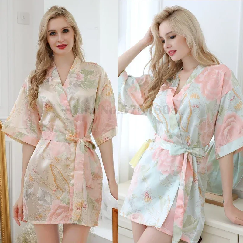 Wedding Bridesmaid Robe Bridal Morning Gown Women's Printed Home Clothing Satin Kimono Sexy Bathrobe Loose Casual Nightgown