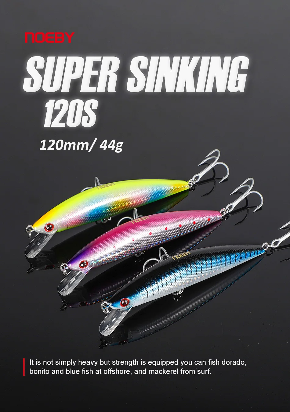 Noeby 120 mm 44 g schwerer sinkender Minnow-Angelköder, langer Wurf-Wobbler, künstlicher harter Köder für Wolfsbarsch, Salzwasser-Angelköder – Detail 1