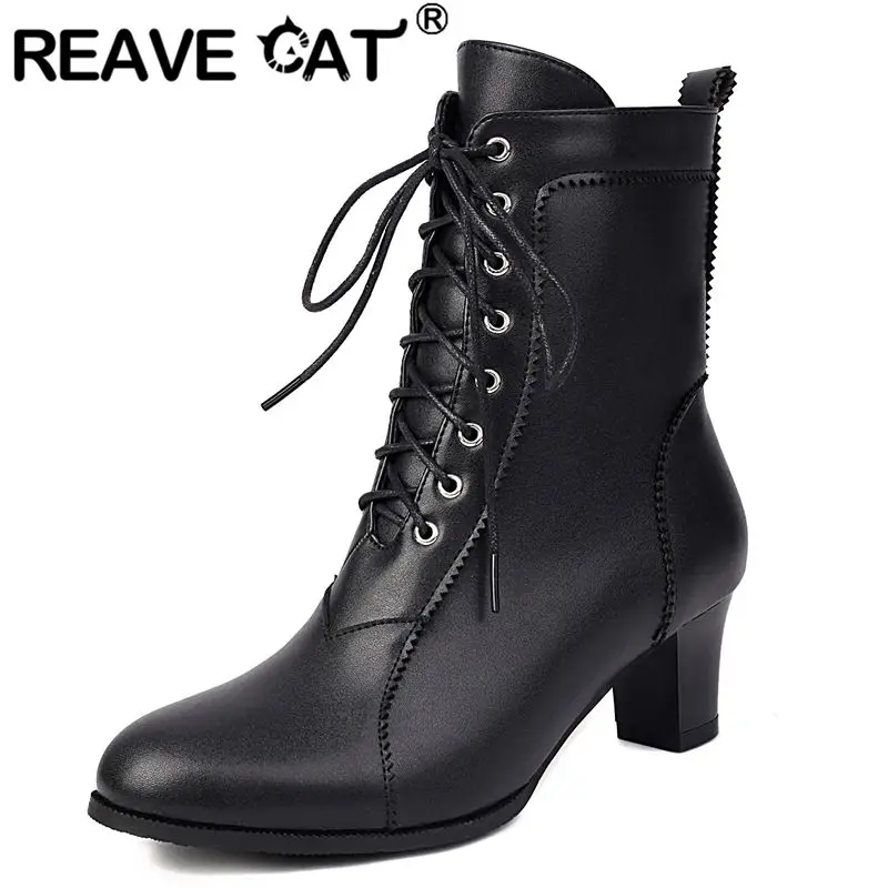

REAVE CAT 2025 Новый дизайн Женские сапоги до середины икры с круглым носком и блочным каблуком 5 см на молнии на шнуровке Большие размеры 46 47 48 Мода для свиданий Bota