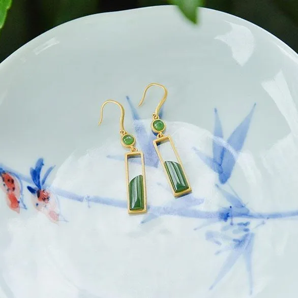 925 Sterling Silver Jewelry 18K Gold Plated Natural Jade Geometric Vintage Drop Earrings for Women Wedding Party Jewelry Gift 4
