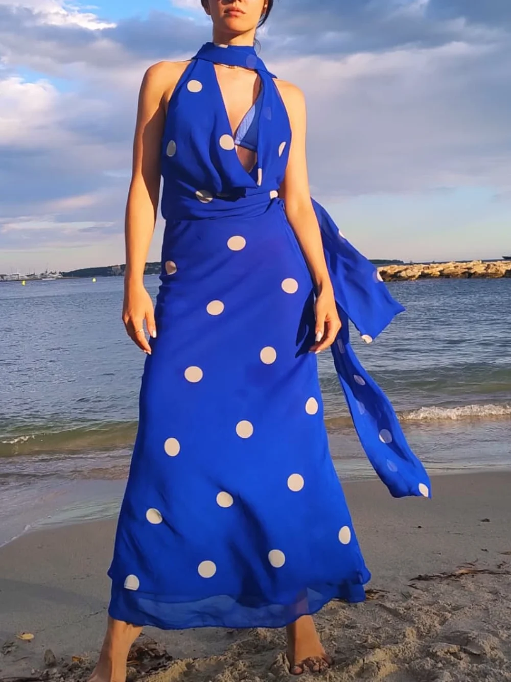 

Lady Romantic Polka Dot Dress Sexy Backless Halter Midi Dress 2025 Summer Fashion High Street Holidays Dating Women Dress