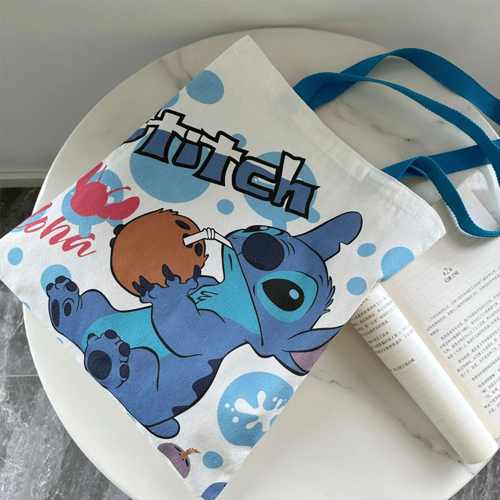 Tas bahu kapasitas besar, tas Tote, tas belanja kapasitas besar, tas bahu kanvas, gambar kartun, Stitch, tas selempang, tas stitch kartun