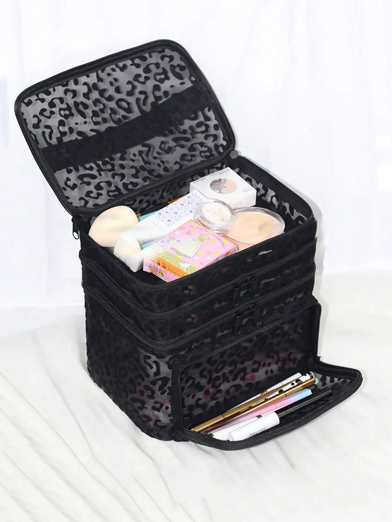 Black Minimalist Fashion Mesh Leopard Print, Large Capacity Multi-Functional 3-Layer Makeup Bag, Single Handle Multi-Pocket Convenient Design, Foldable Storage Bag, Compartment Storage