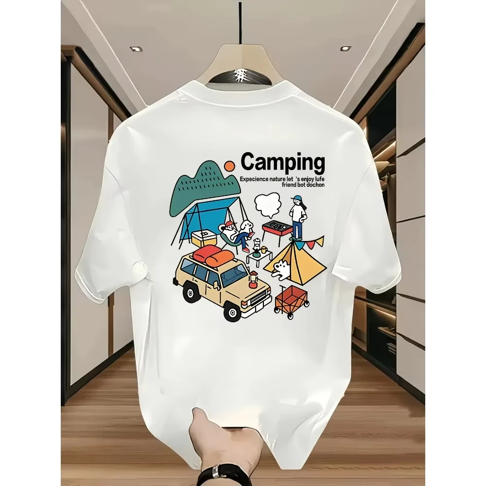 Fun Camping-style Printed Short-sleeve T-shirt with Cartoon Off-road Vehicle and Tent Patterns, Unisex and Versatile