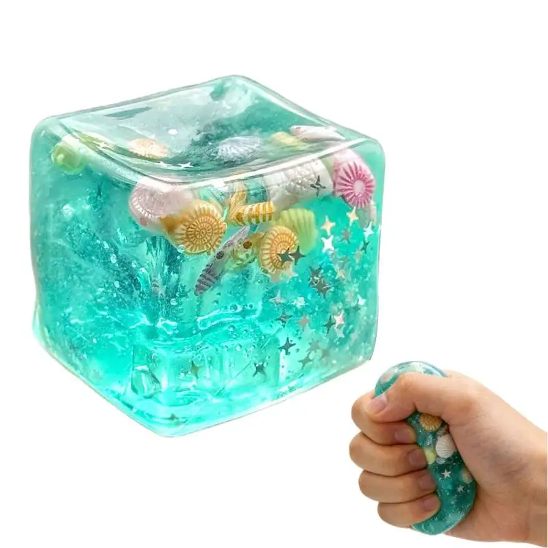 

Stress Balls Cube, Stress Ice Cube Fidget Toy with Blue Ocean Shells Inside, Soft Slow Rise Stress Relief Sensory Toys for Adult