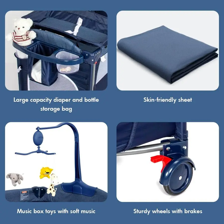 سرير بجانب السرير مع طاولة تغيير الحفاضات المحمولة، عبوة 5 في 1 وسرير أطفال للتشغيل لحديثي الولادة، ومرتبة اللعب، وصندوق الموسيقى، وحمل B