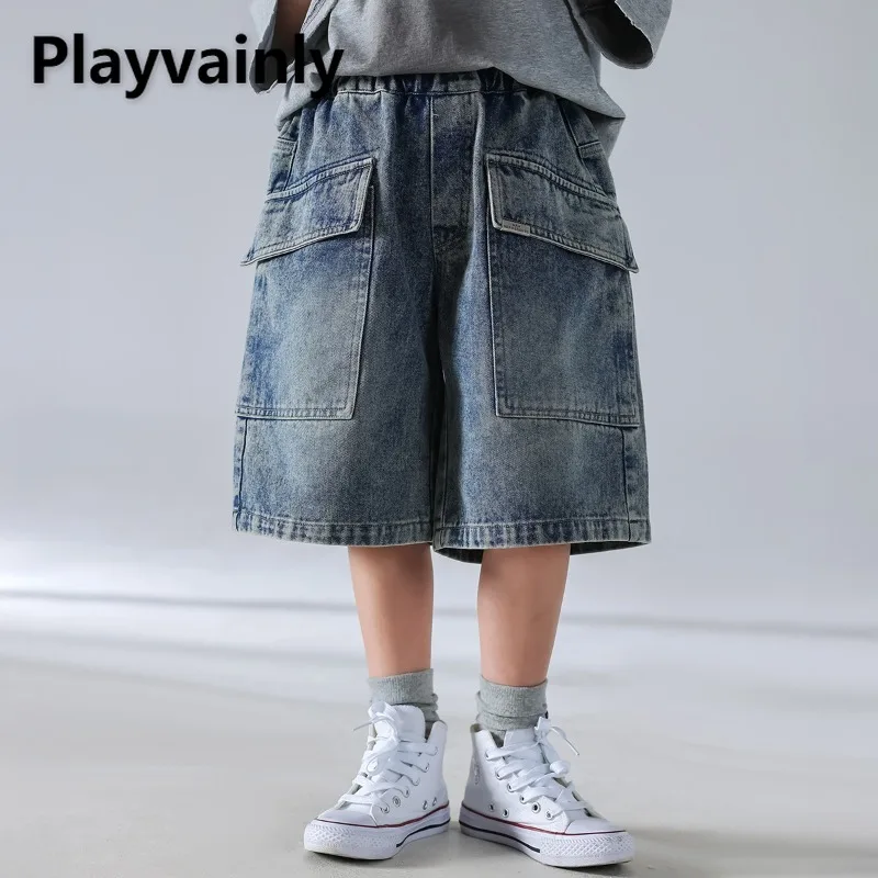 

Новинка 2023 года, летние джинсы-карго для мальчиков в корейском стиле, шорты с эластичной резинкой на талии, свободные широкие шорты, джинсовые брюки, детская одежда A05146