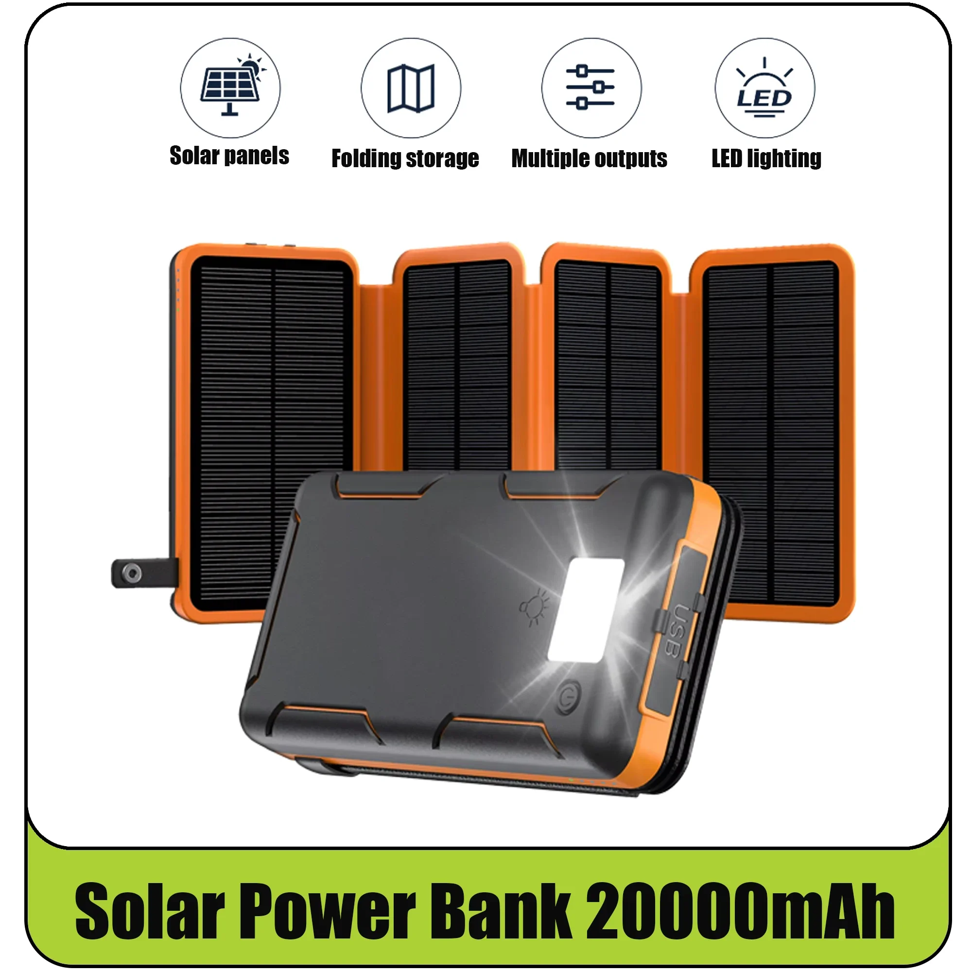 

Складной блок питания на солнечной панели 20000, поддерживает быструю зарядку, достаточной емкости, светодиодный аварийный свет, подходящий для путешествий.