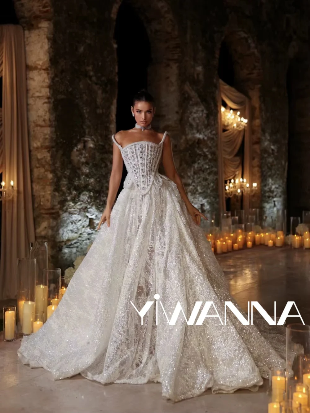 

With Corset Exquisite Crystal Wedding Dress Sparkly Pearls A-line Long Bridal Gown Customized Captivating Dresses For Bride