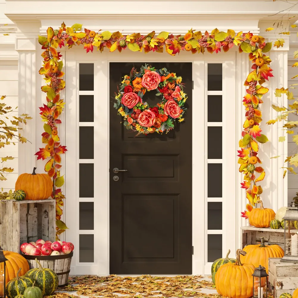 Peony Pumpkin Wreath Decorative Artificial Flower Autumn Garland Festival Theme Front Door Wreath Farmhouse Party Decoration