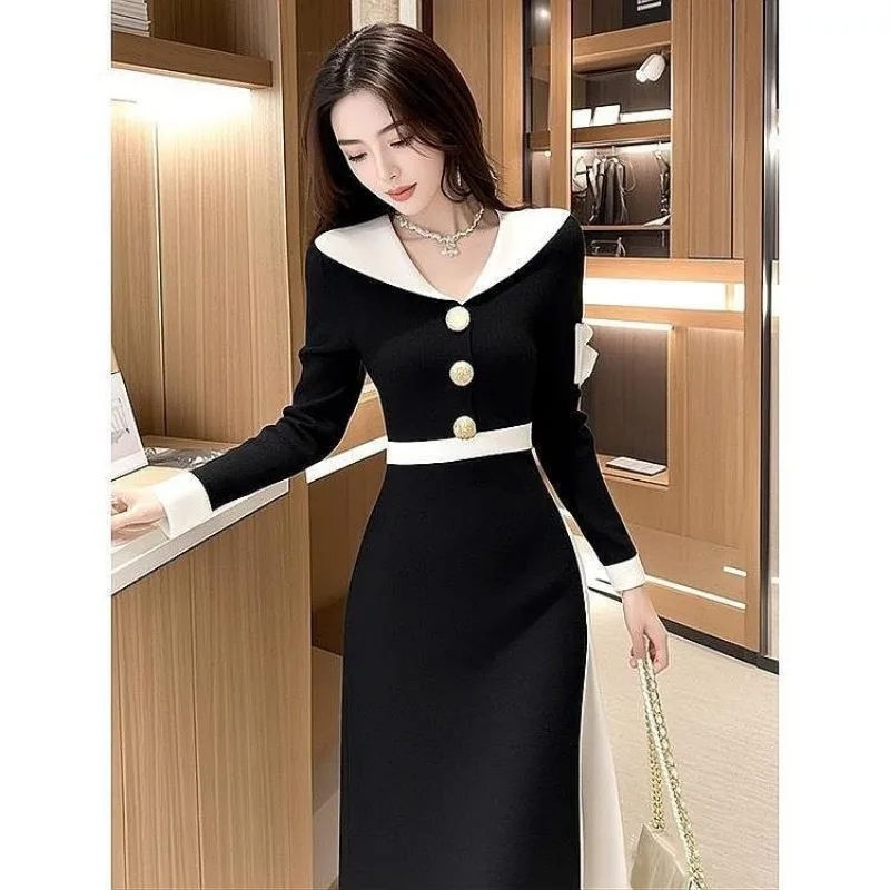 Women Clothes Spring Autumn Fashion Korean Button Color Blocking Dresses Ladies All-match Temperament Appear Thin Knitted Dress