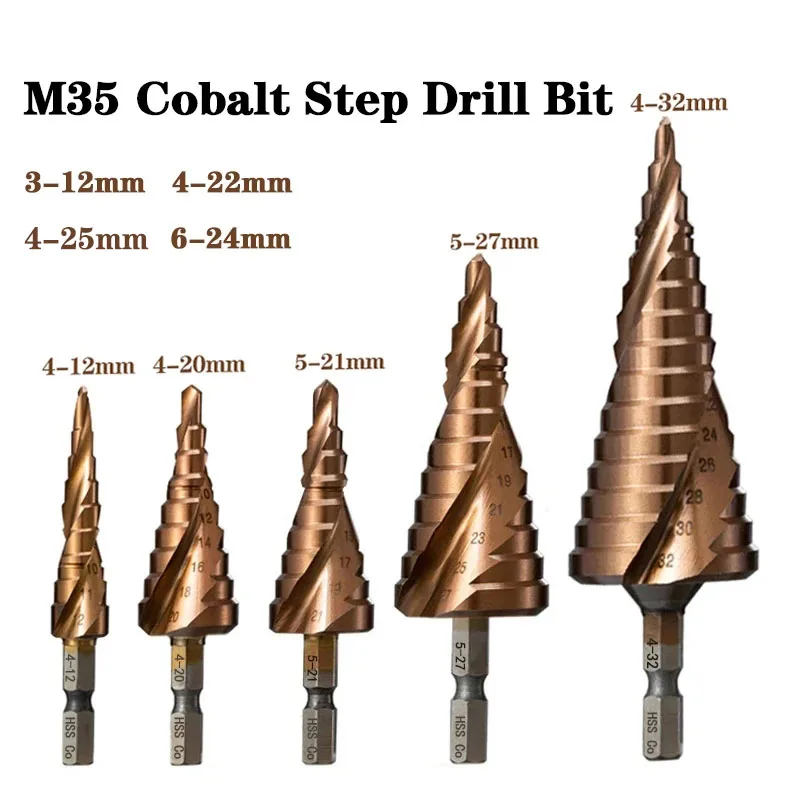 M35 5% Cobalt Step Drill Bit HSS-Co Cone Hex Shank Metal Drill Tool Hole Cutter 3-12/4-12/4-20/4-22/4-32/4-26/5-21/5-27/6-24mm