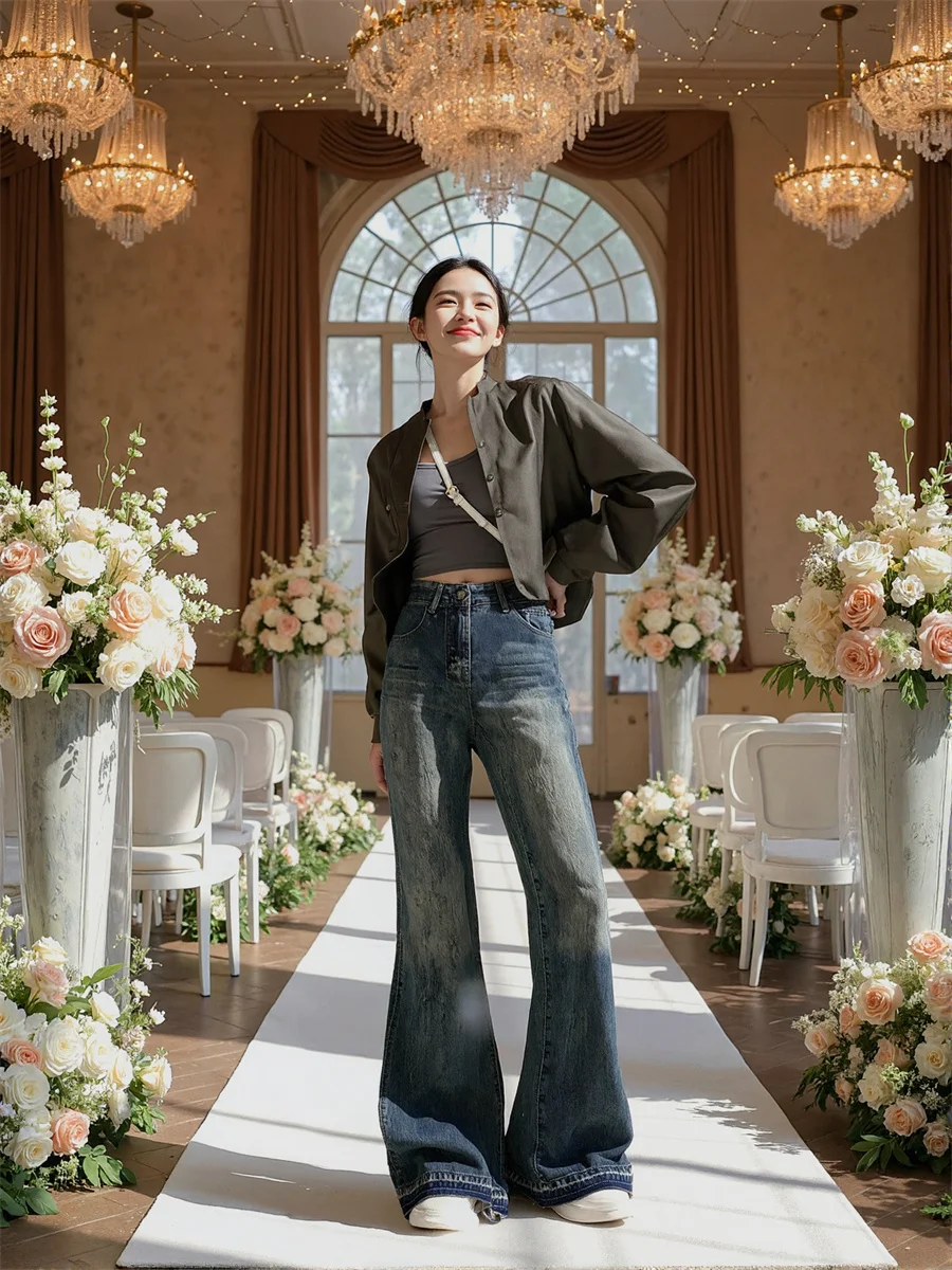 

Расклешенные потертые джинсы, брюки для женщин, джинсовая женская одежда, весенняя одежда с цветными блоками, сращенные в европейском стиле, стильный офис для поездок на работу