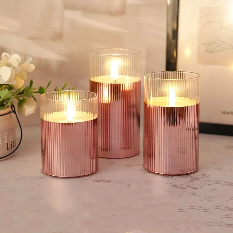 

Set of 3 Ribbed Glass Candles Striped led Candle Remote controlled w/Timer Paraffin Wax LED Pillar Candle Flickering 3D wick