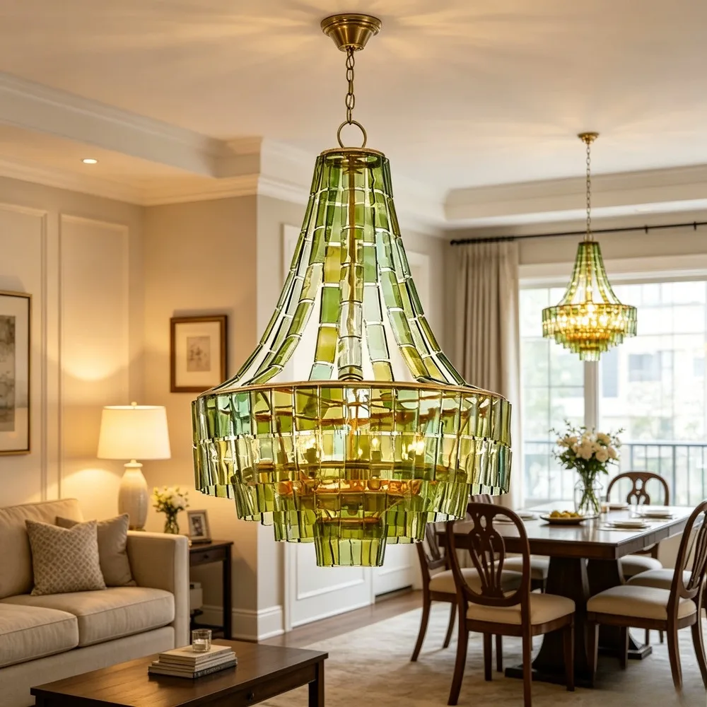 New Designer American Chandelier Dimmable Three Color Change Glass Metal Double Layer Adjustable Chain for Villa