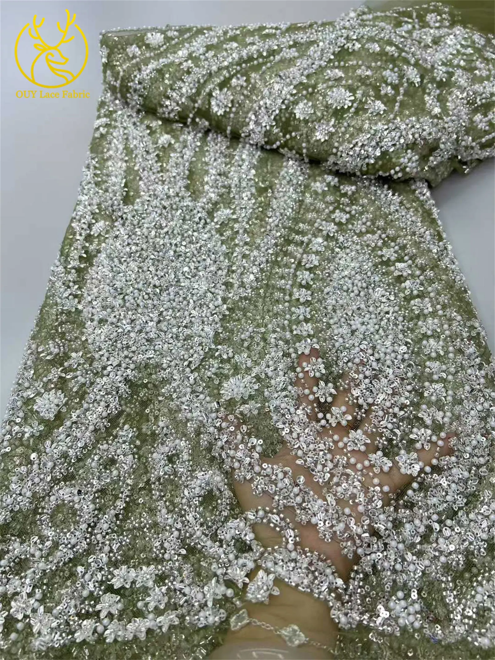 2025年 エレガント アフリカ ナイジェリア ファッション ビーズ レース ハイエンド 高級 フランス スパンコール メッシュ レース 生地 レディース イブニングドレス パーティー 5Y