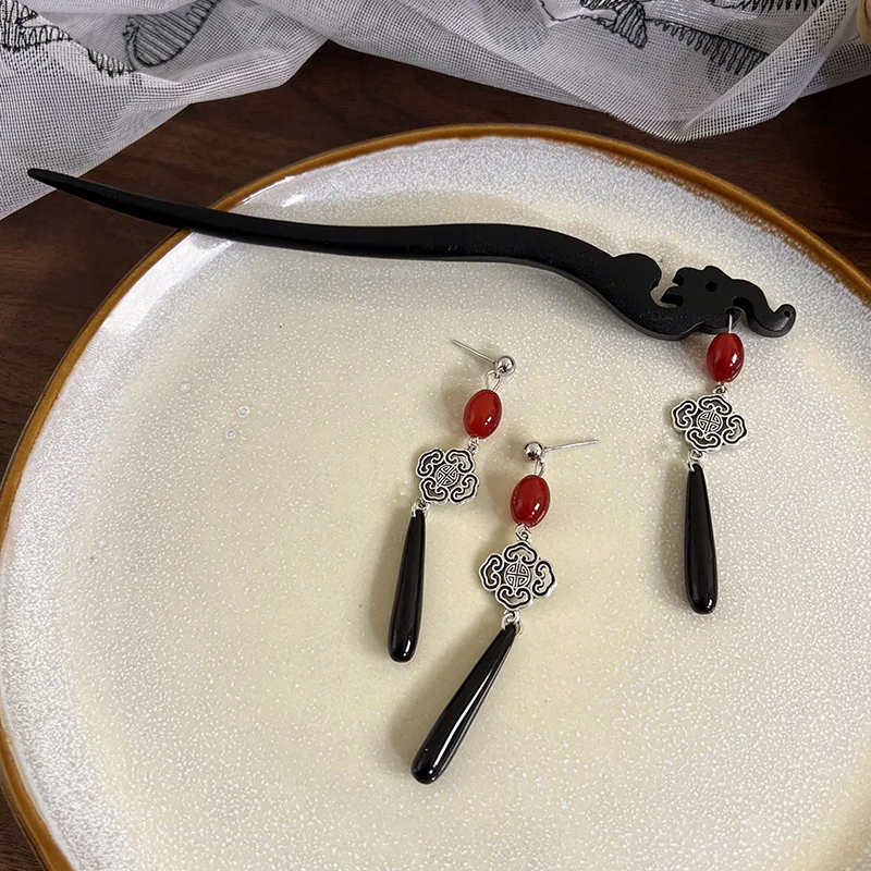 Red Drop Earrings Hairpin Style for Women Light Luxury Hanfu Classical Elegant Long Tassel Earrings Daily Wear Gift