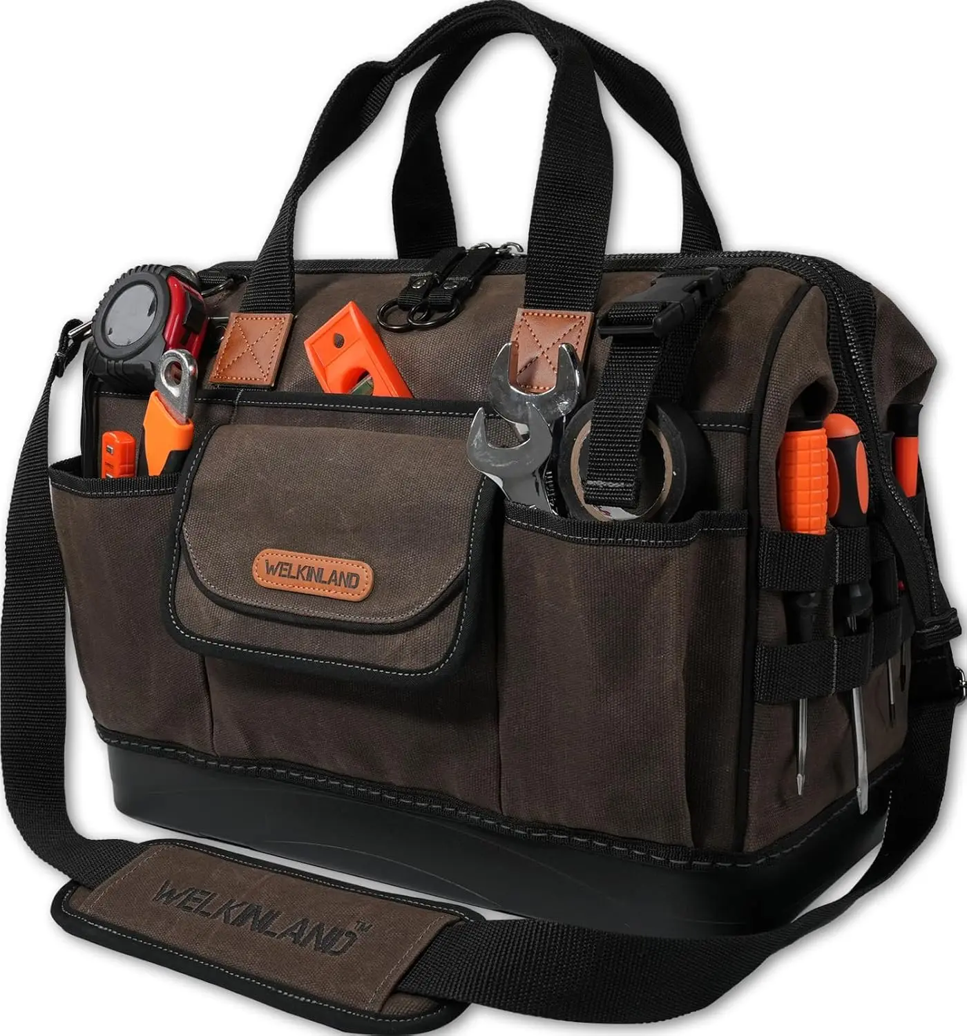 

45-Pockets Waxed Canvas Tool Bag, 16-Inch Heavy-Duty Electrician Tool Bag, Hard-Bottom Bag, Large-Open Technician Tool Bag