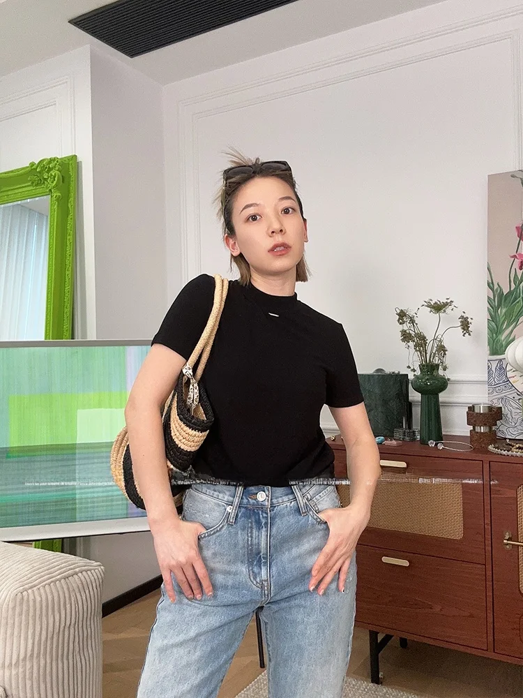 

Женская футболка с воротником-стойкой и эластичной вставкой, новая коллекция весна-лето, премиум-качество BONBBAON