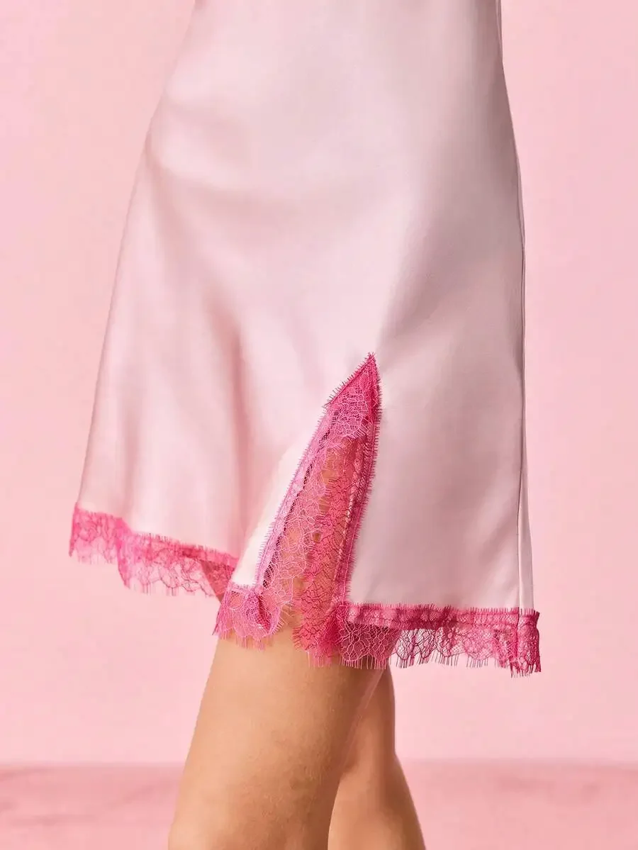 Romantic Contrast Lace Satin Women Sleepwear Set Summer Fall Winter