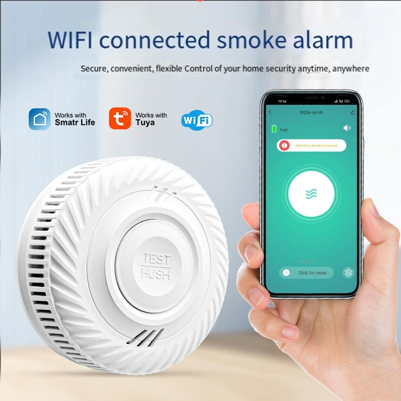 Tuya-Wireless Smoke Alarm Detector, Wi-Fi, alarme de incêndio, Sound Alarm Sensor, adequado para Home Stores e Escolas, durável