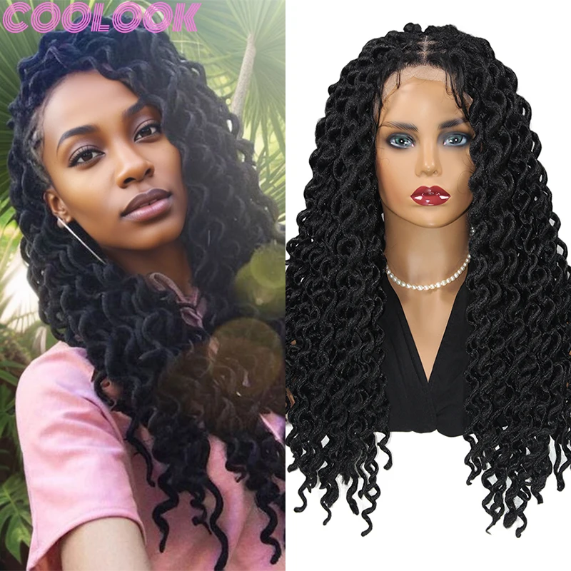 

22inch Synthetic Full Lace Twist Braided Wig Deep Wave Handmade Knotless Braid Wig Black Square Part Braid Wig for African Women