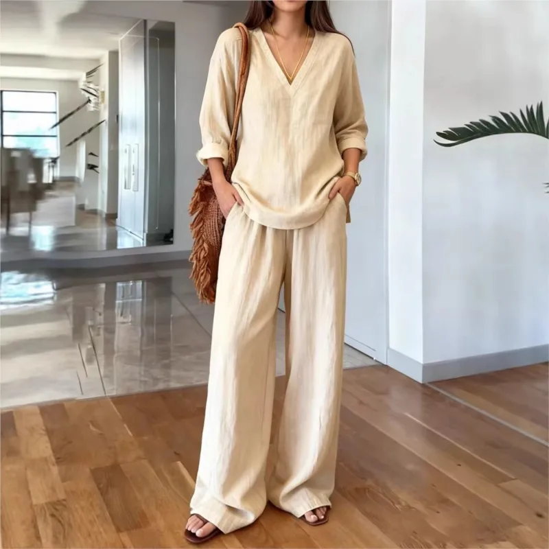 

Conjuntos Deportivos Para Mujer V-neck Long-sleeved Pullover T-shirt Wide-leg Trousers Two-piece Set Women's Daily Vacation Suit