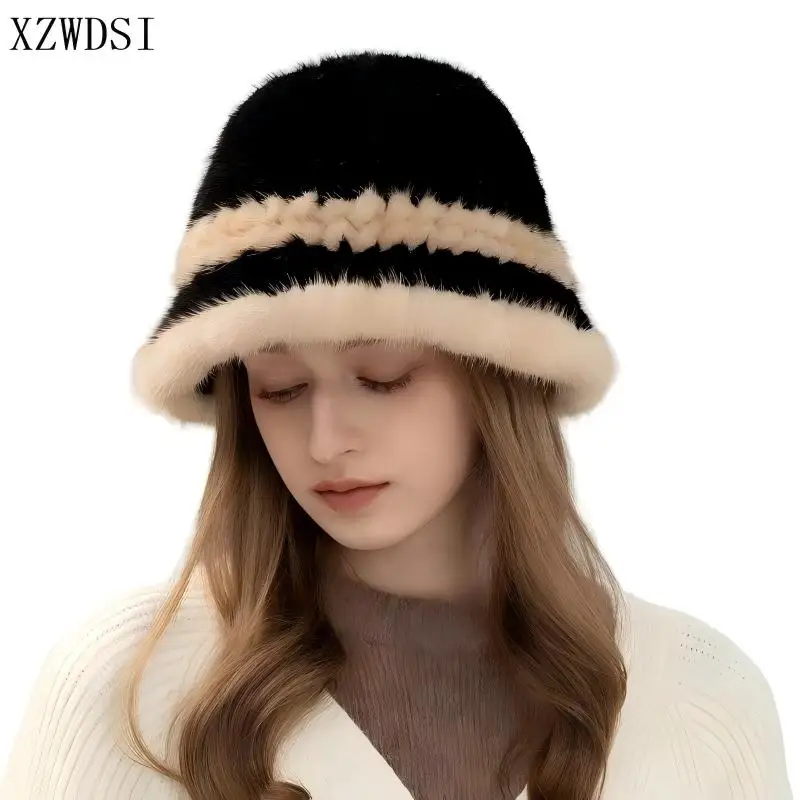 

Genuine Mink Fur Bucket Hat Lady Luxury Natural Knitted Real Mink Fur Caps for Outdoor Fashion