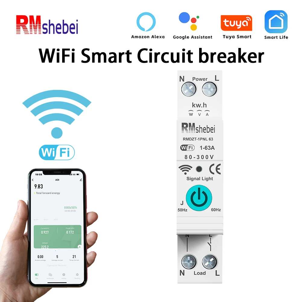 RMshebei Tuya WiFi Smart Circuit Breaker 1P + N 63A Remote Control Timing Switch Overload Protection Automatic Reclosing