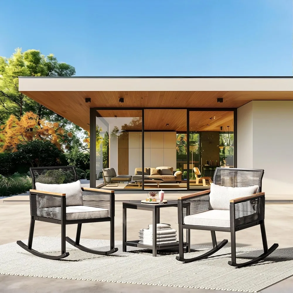 

3-Piece Patio Wicker Rocking Chair Outdoor Conversation Bistro Set with Wood Armrest and Soft Cushions for Balcony, Lawn and Po