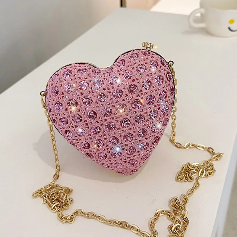 Fashion Women's Clutch Fine Rhinestone Inly Heart Small Evening Bags Wedding Party Chain Shoulder Bag Ladies Daily Crossbody Bag