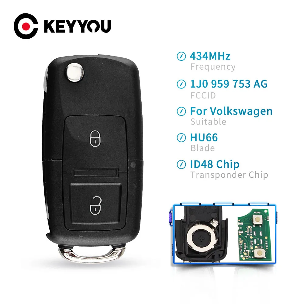 KEYYOU 2 Buttons Flip Remote Car Key Fob For VOLKSWAGEN VW Golf 4 5 Passat b5 b6 polo Touran 434MHz ID48 Chip 1J0 959 753 AG