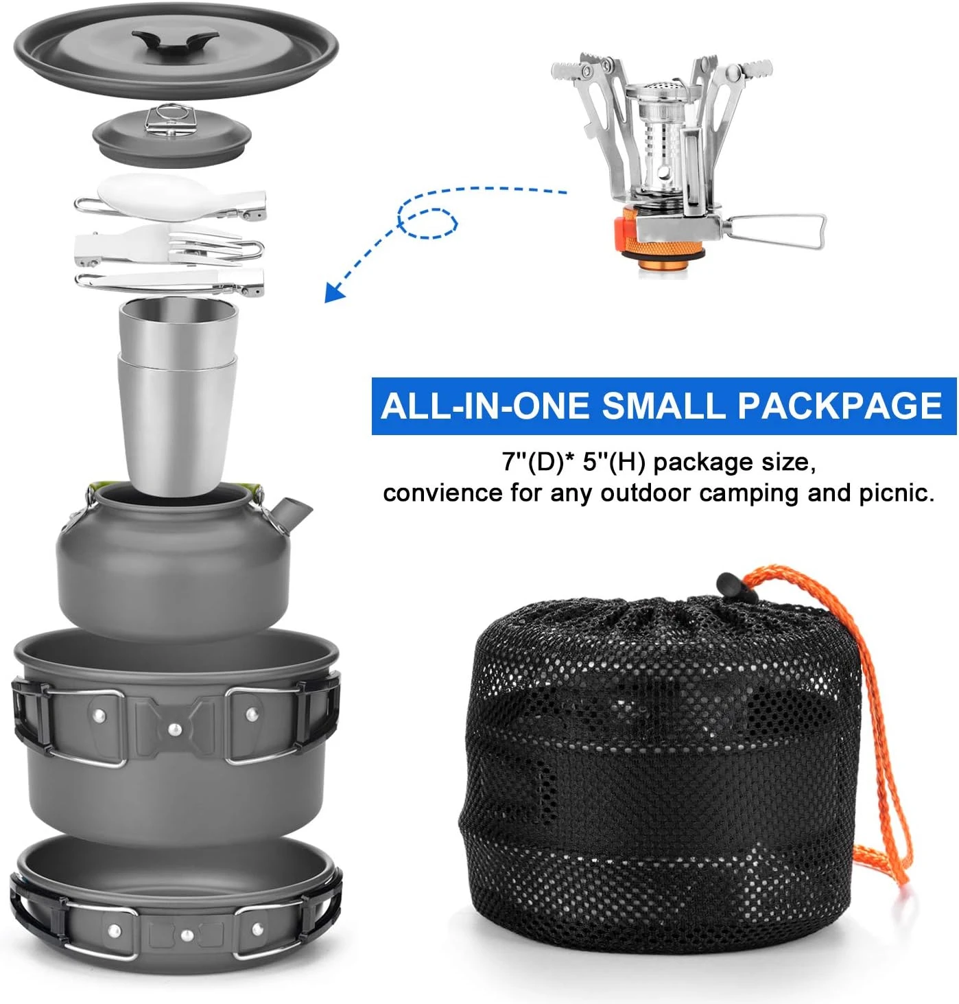 12pcs Camping Cookware Mess Kit with Mini Stove, Lightweight Pot Pan Kettle with 2 Cups, Fork Spoon Kit
