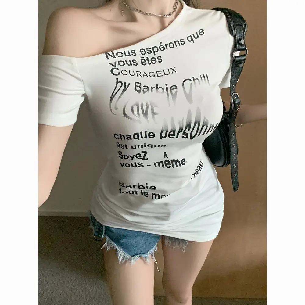 White Letter Print Off Shoulder Streetwear Women T-shirts Harajuku Korean Y2k Aesthetic Tee Shirts Japanese Casual Slim Tshirts