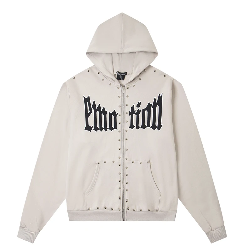 

American Personality Trend MIXED EMOTION Sweatshirt Letter Logo Print Casual Loose Pocket Hip-hop Mixed Emotion Zip Up Hoodies